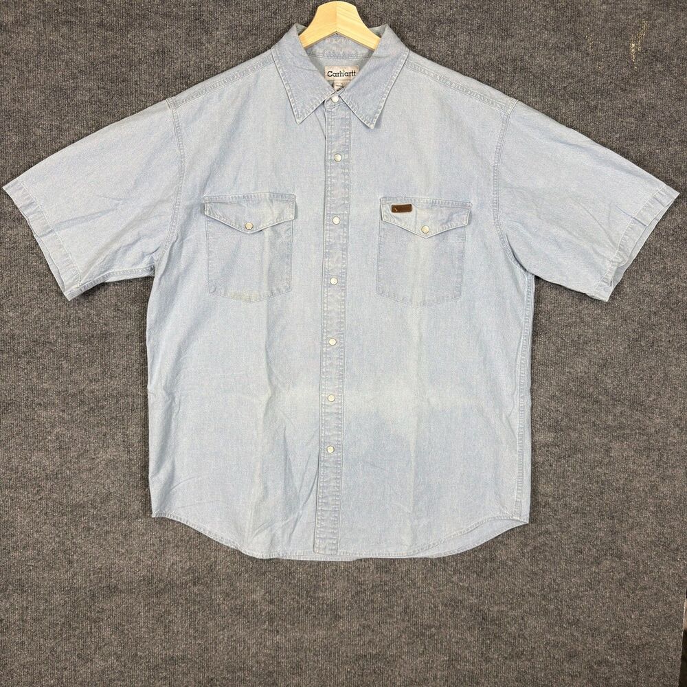 Carhartt Men's Western Denim Shirt Large Light Blue Pearl Snap Work Short Sleeve